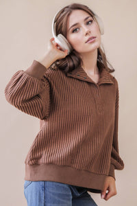 Oversized Half Button Down Casual Waffle Knit Top