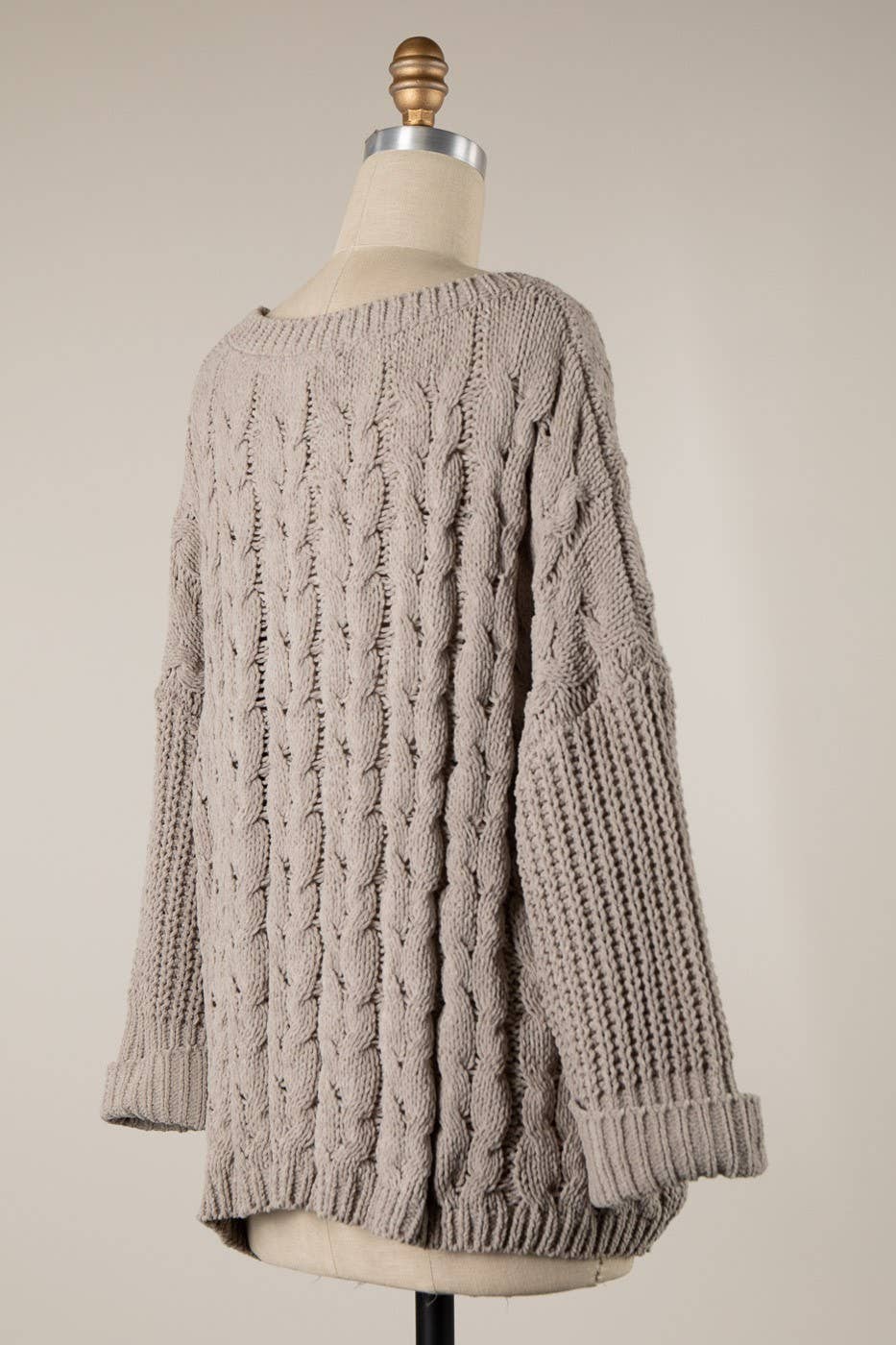 Cuffed Sleeve Braid Chenille Cable Knit Sweater