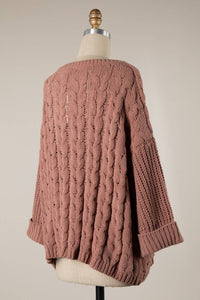 Cuffed Sleeve Braid Chenille Cable Knit Sweater