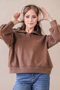 Oversized Half Button Down Casual Waffle Knit Top
