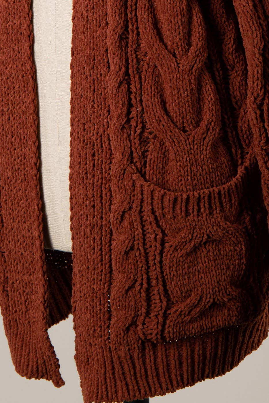 Cable Knit Chenille Cardigan With Patched Pockets