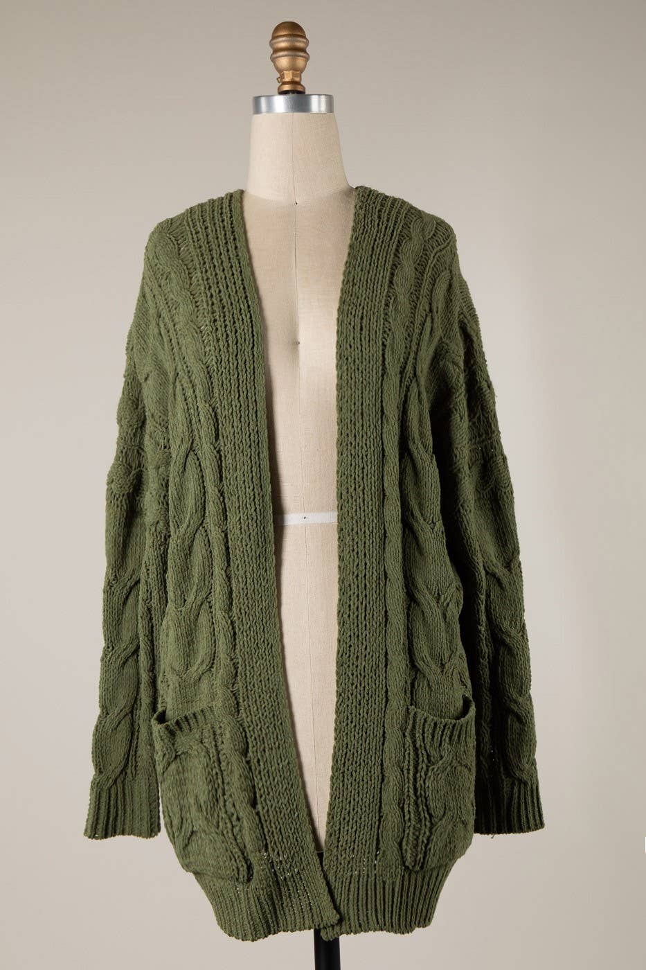 Cable Knit Chenille Cardigan With Patched Pockets