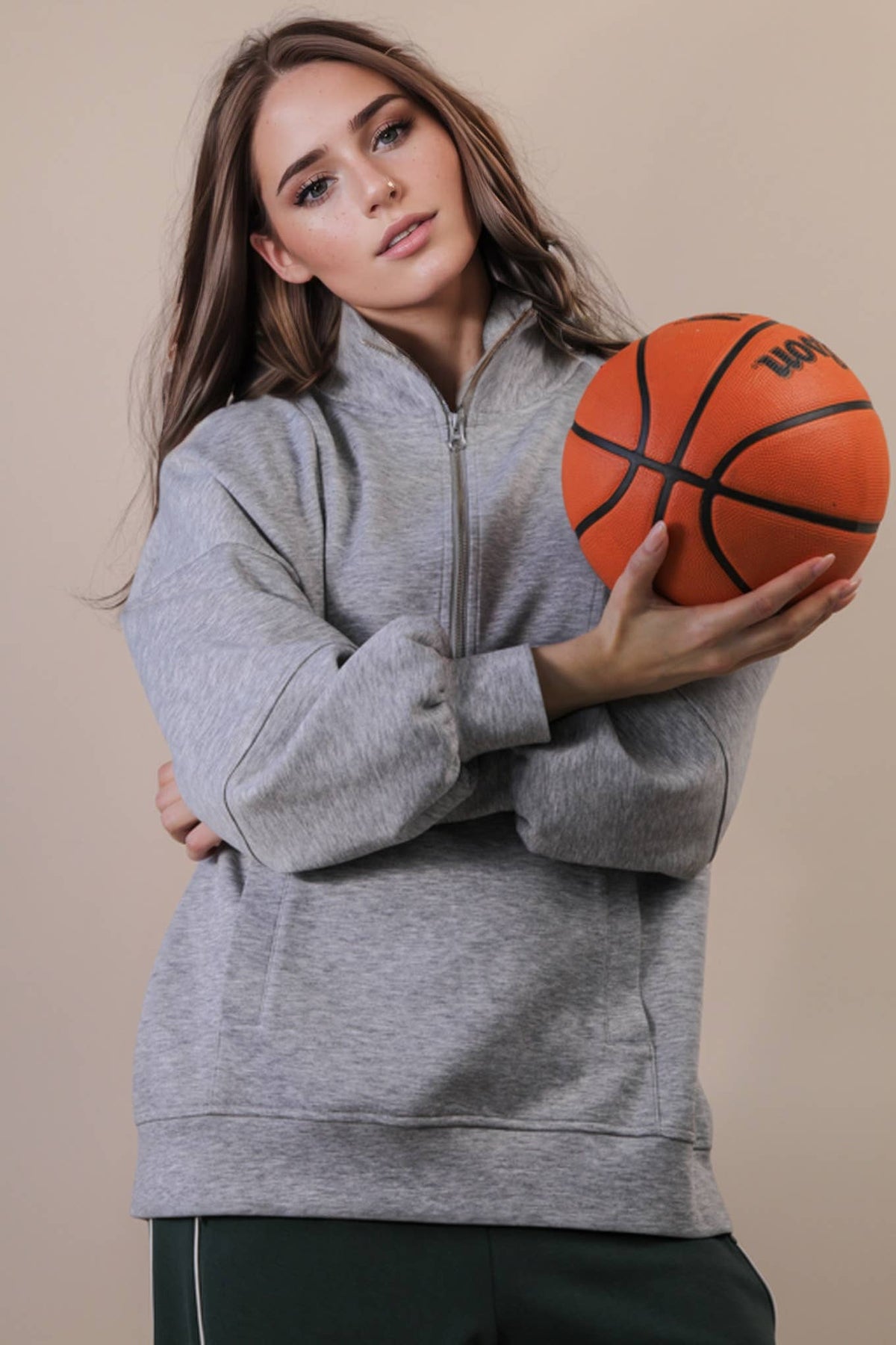 NT12354-Half Zip UP Oversized Casual Comfy Knit Top