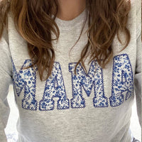 Mama Blue Floral Applique Embroidered Sweatshirt