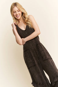 Mineral Wash Jumpsuit with Eyelet Pockets and Ruffle