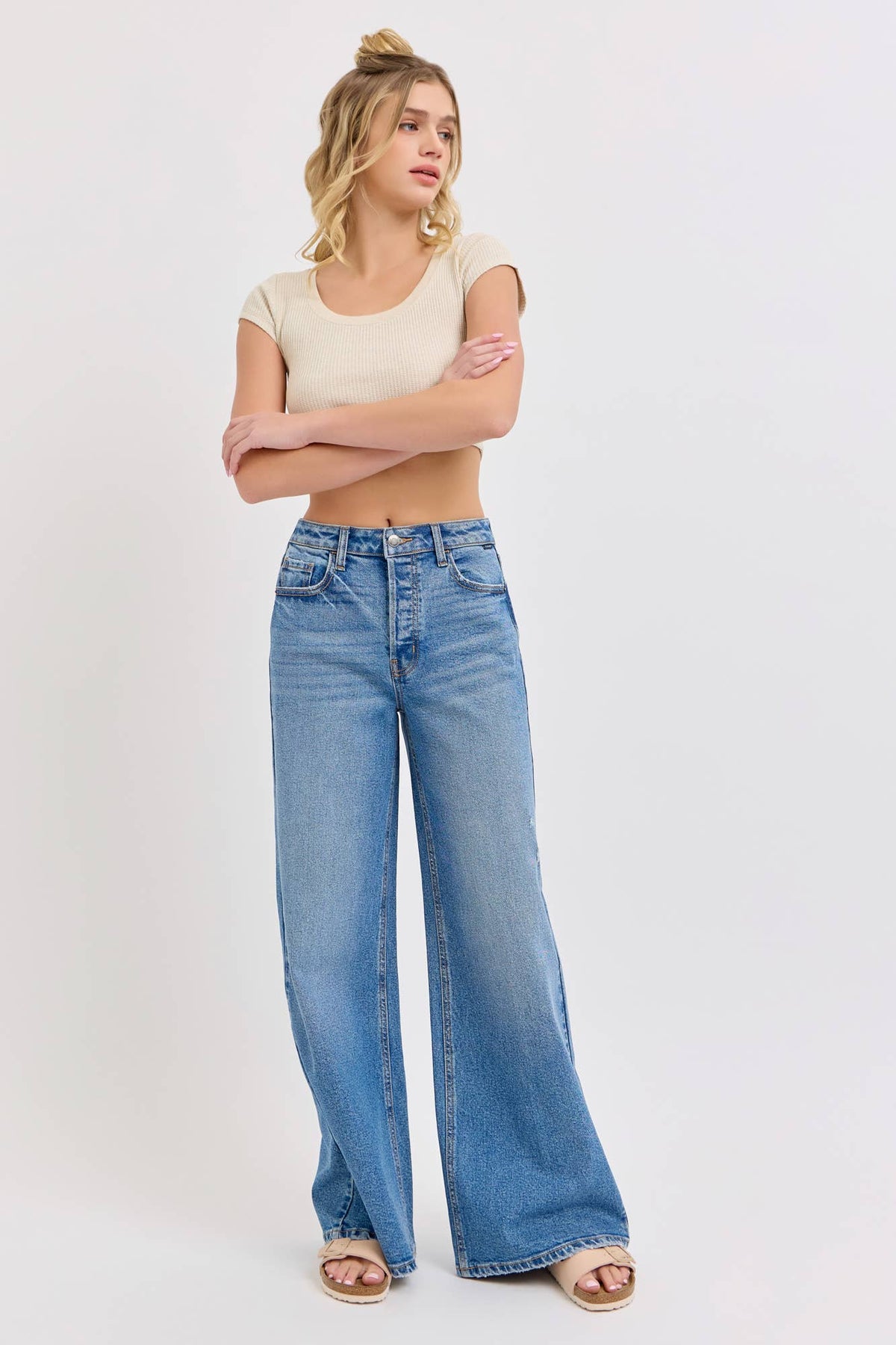WV98376M High Rise Wide Leg Denim Jean Medium Denim