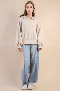 Oversized Half Button Down Casual Waffle Knit Top