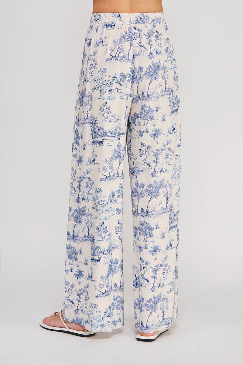 Printed Linen Elastic Tie Waist Wide Leg Pant