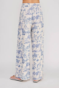 Printed Linen Elastic Tie Waist Wide Leg Pant