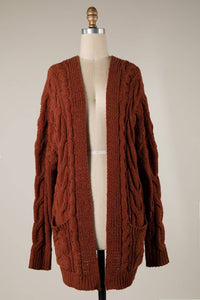 Cable Knit Chenille Cardigan With Patched Pockets