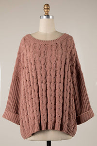 Cuffed Sleeve Braid Chenille Cable Knit Sweater