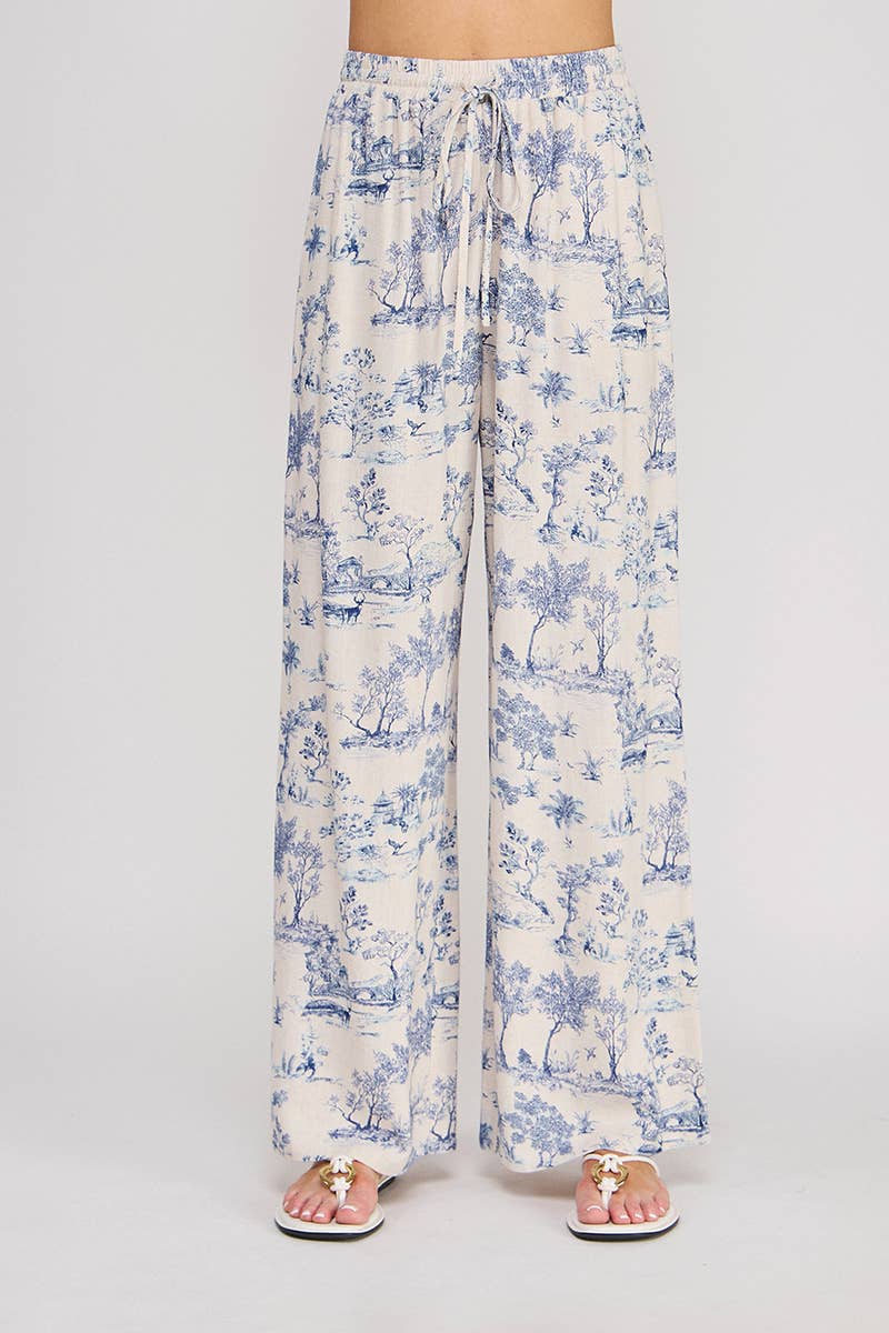 Printed Linen Elastic Tie Waist Wide Leg Pant