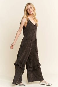 Mineral Wash Jumpsuit with Eyelet Pockets and Ruffle