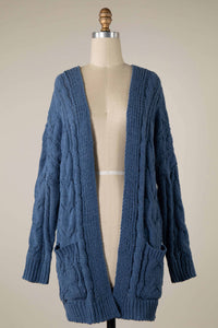 Cable Knit Chenille Cardigan With Patched Pockets