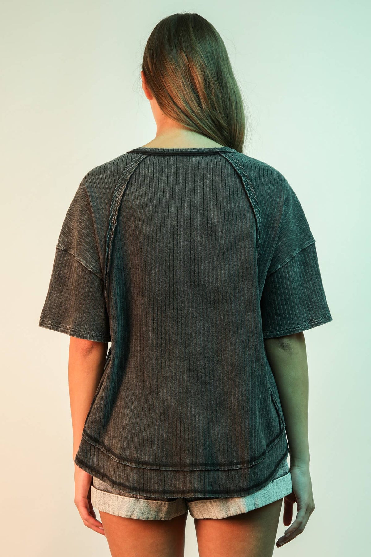 Mineral Washed Oversized Ribbed Knit Casual Top
