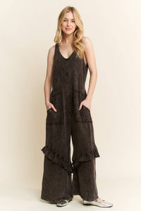 Mineral Wash Jumpsuit with Eyelet Pockets and Ruffle
