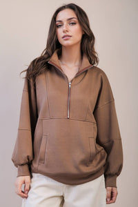 NT12354-Half Zip UP Oversized Casual Comfy Knit Top
