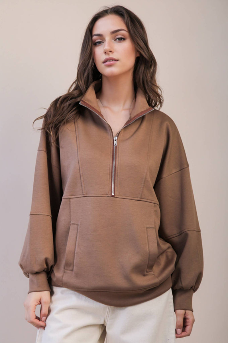 NT12354-Half Zip UP Oversized Casual Comfy Knit Top
