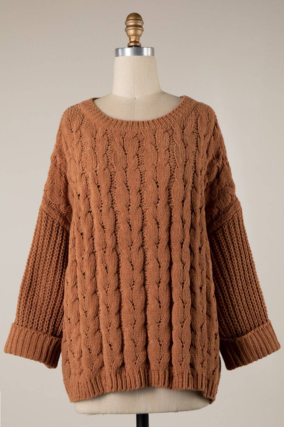 Cuffed Sleeve Braid Chenille Cable Knit Sweater