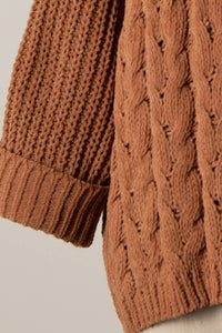 Cuffed Sleeve Braid Chenille Cable Knit Sweater