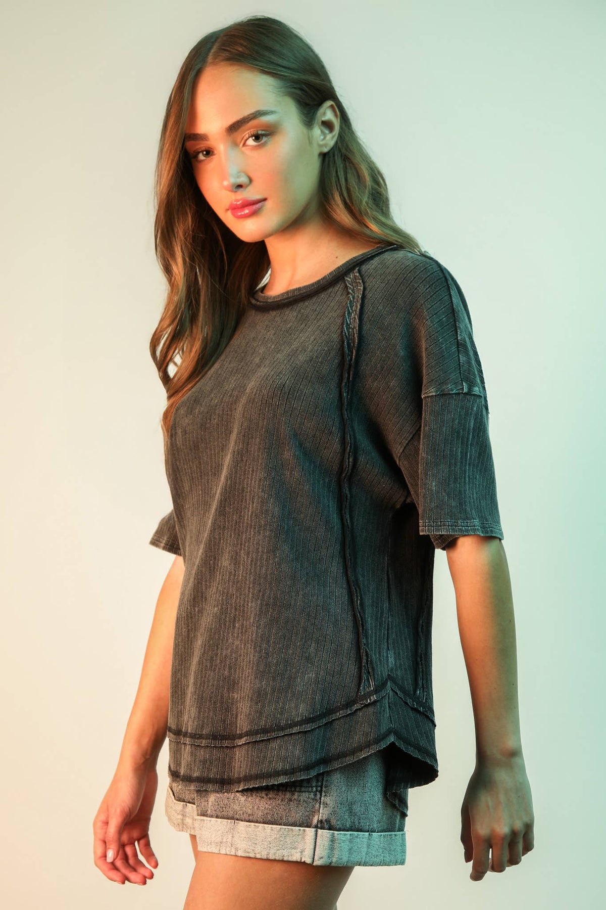 Mineral Washed Oversized Ribbed Knit Casual Top