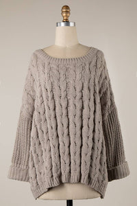 Cuffed Sleeve Braid Chenille Cable Knit Sweater