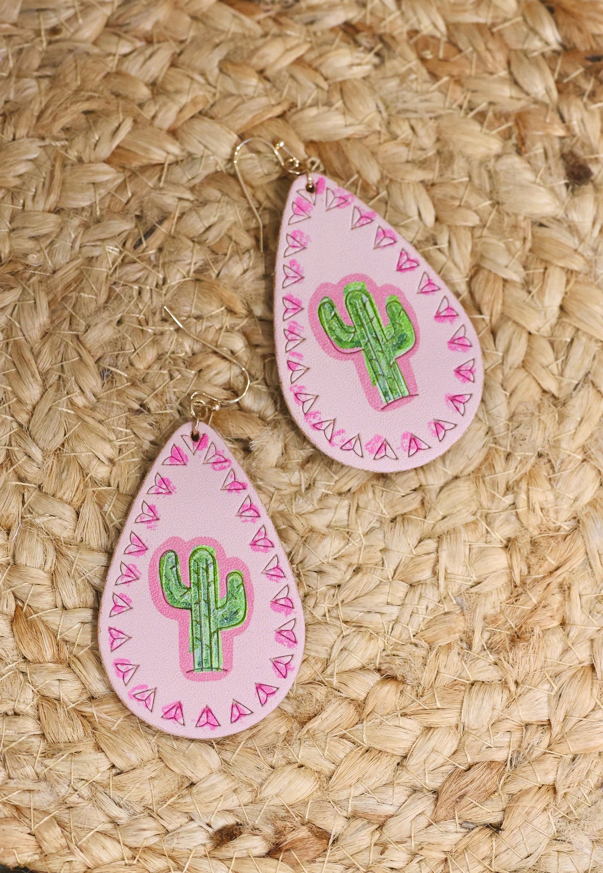 Boho Genuine Leather Pink Cactus Drop Earrings