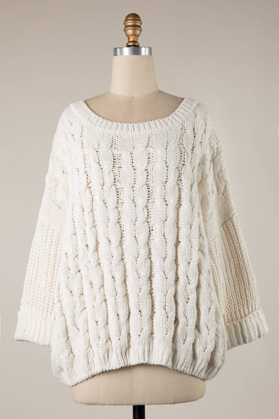 Cuffed Sleeve Braid Chenille Cable Knit Sweater