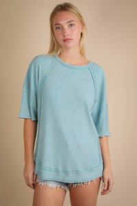 Mineral Washed Oversized Ribbed Knit Casual Top