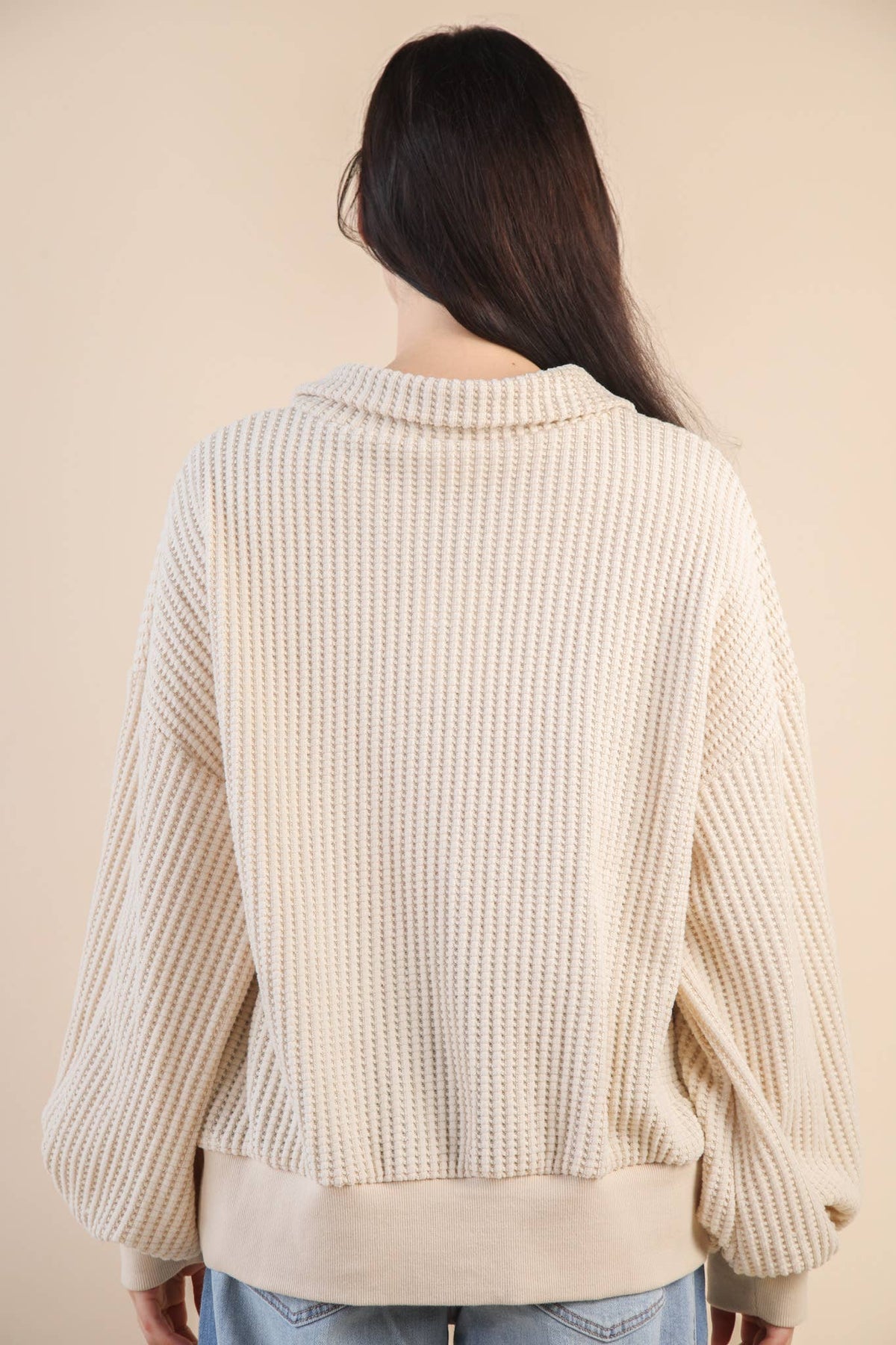 Oversized Half Button Down Casual Waffle Knit Top