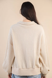 Oversized Half Button Down Casual Waffle Knit Top