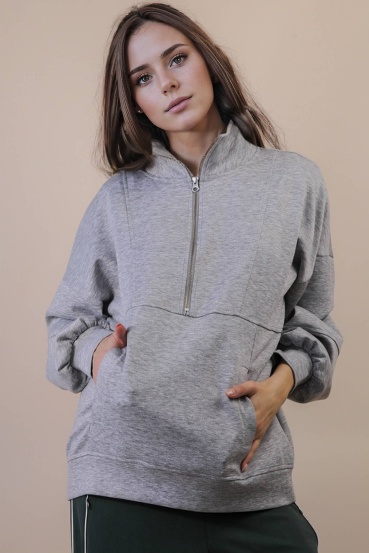 NT12354-Half Zip UP Oversized Casual Comfy Knit Top
