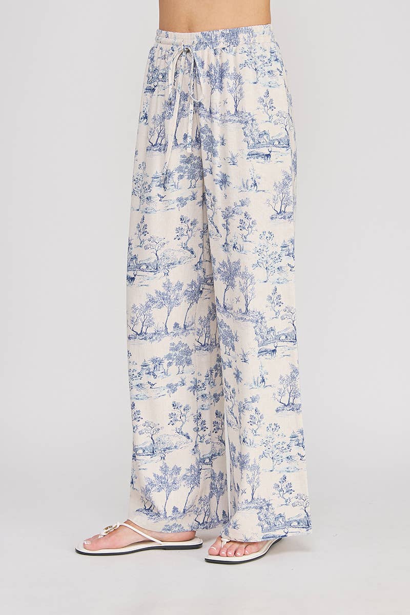 Printed Linen Elastic Tie Waist Wide Leg Pant