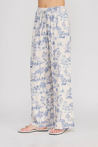 Printed Linen Elastic Tie Waist Wide Leg Pant