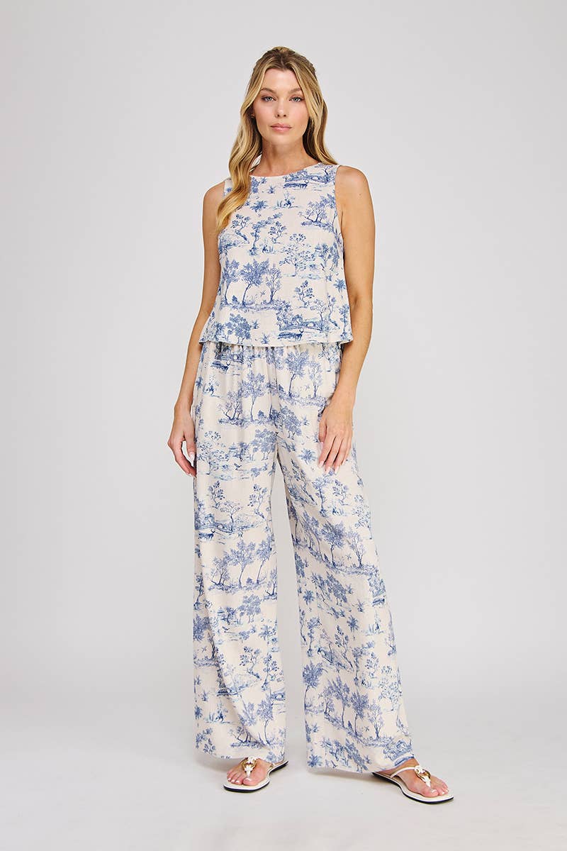 Printed Linen Elastic Tie Waist Wide Leg Pant