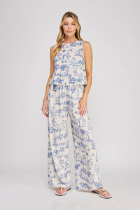 Printed Linen Elastic Tie Waist Wide Leg Pant