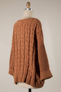 Cuffed Sleeve Braid Chenille Cable Knit Sweater