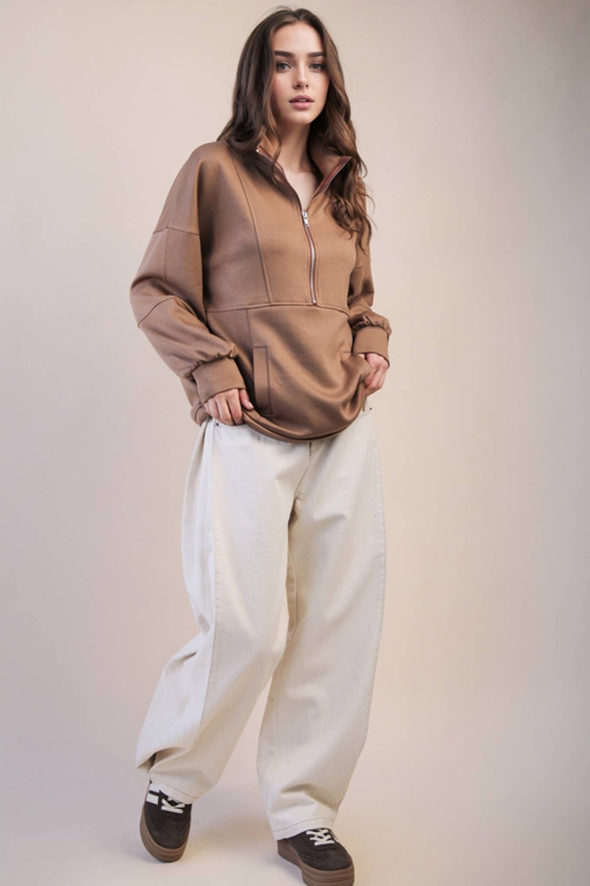 NT12354-Half Zip UP Oversized Casual Comfy Knit Top