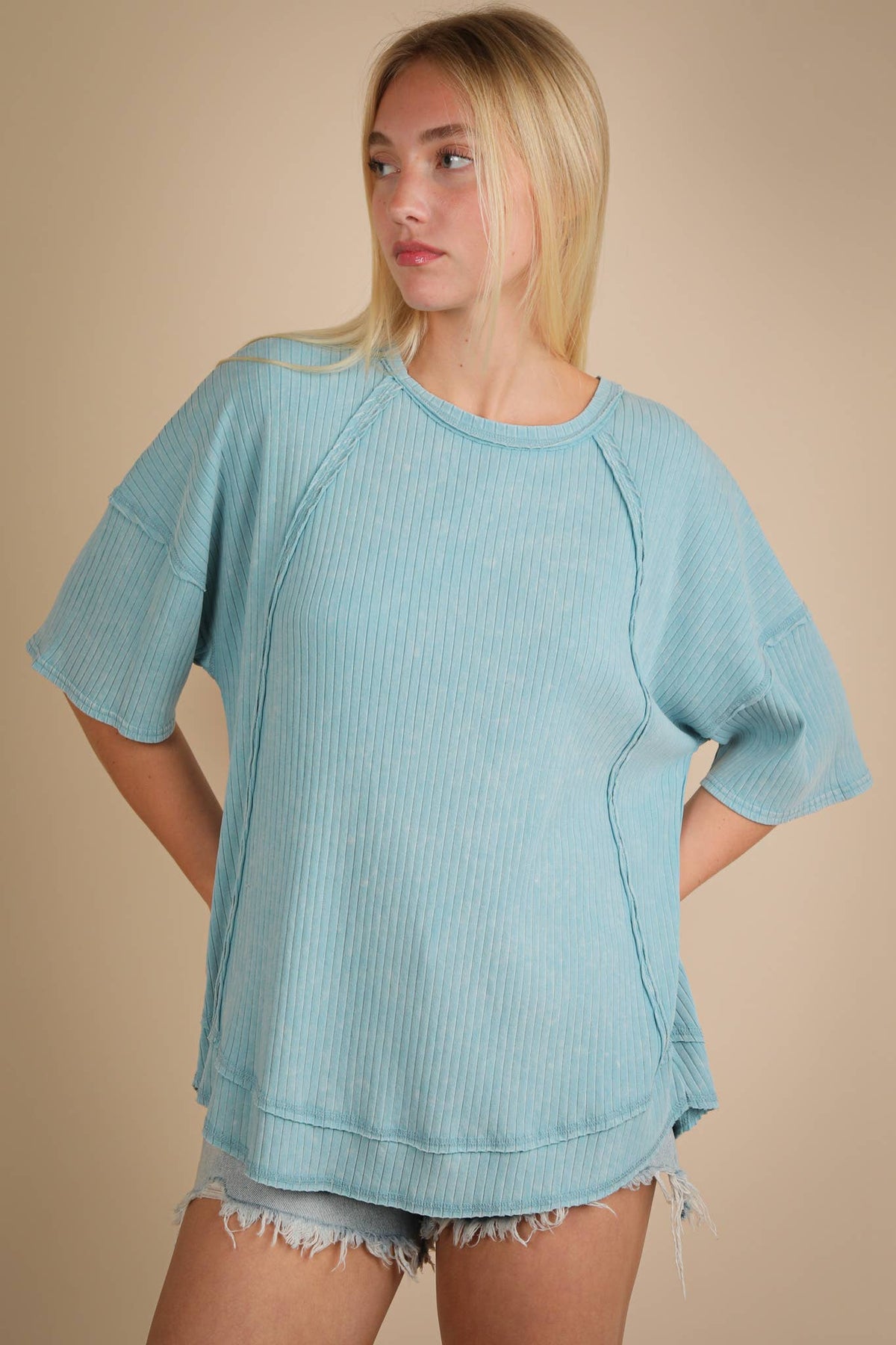 Mineral Washed Oversized Ribbed Knit Casual Top
