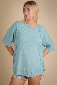Mineral Washed Oversized Ribbed Knit Casual Top