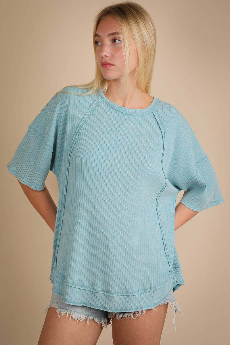 Mineral Washed Oversized Ribbed Knit Casual Top