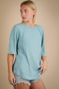 Mineral Washed Oversized Ribbed Knit Casual Top