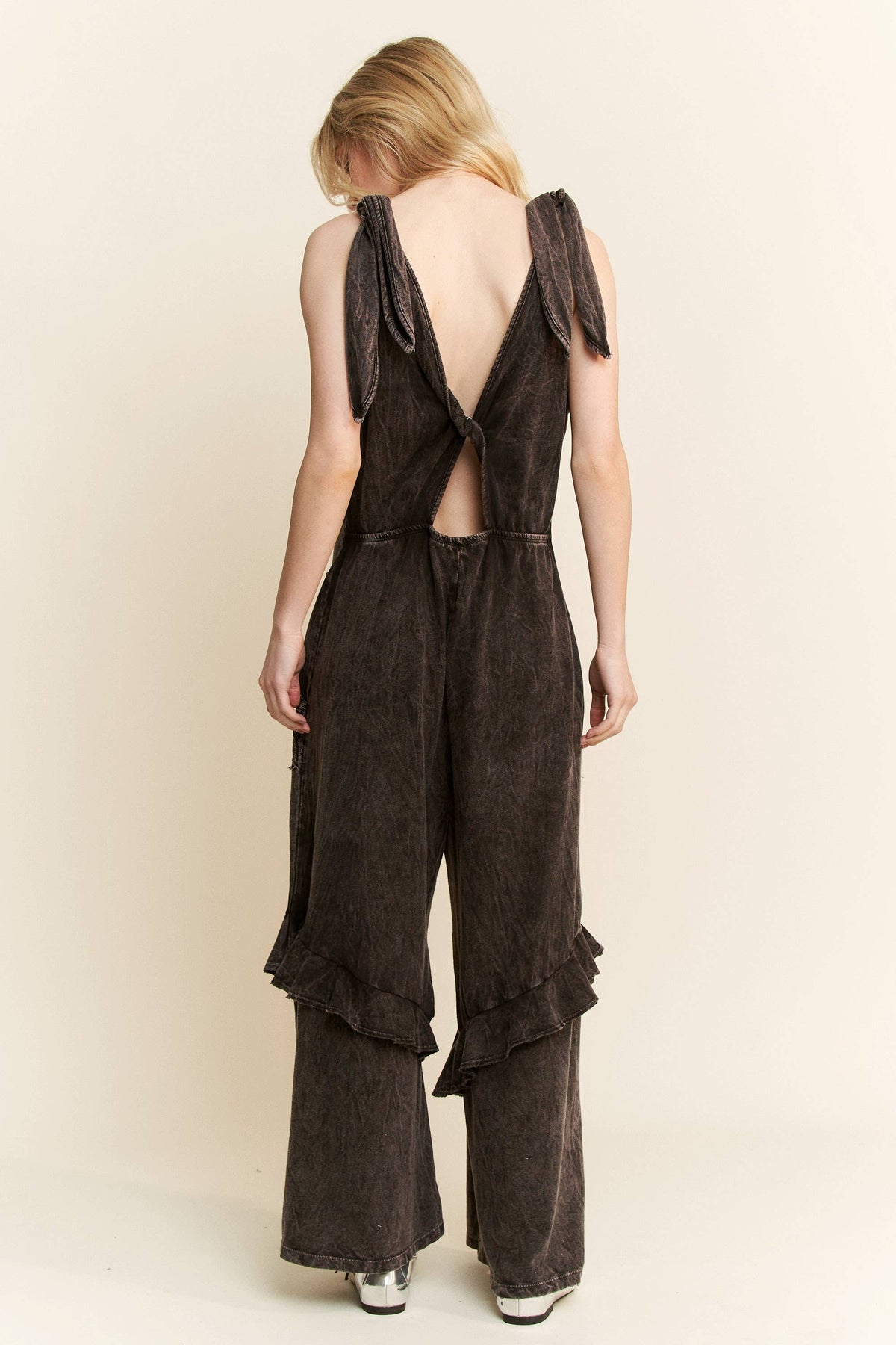 Mineral Wash Jumpsuit with Eyelet Pockets and Ruffle
