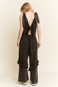 Mineral Wash Jumpsuit with Eyelet Pockets and Ruffle