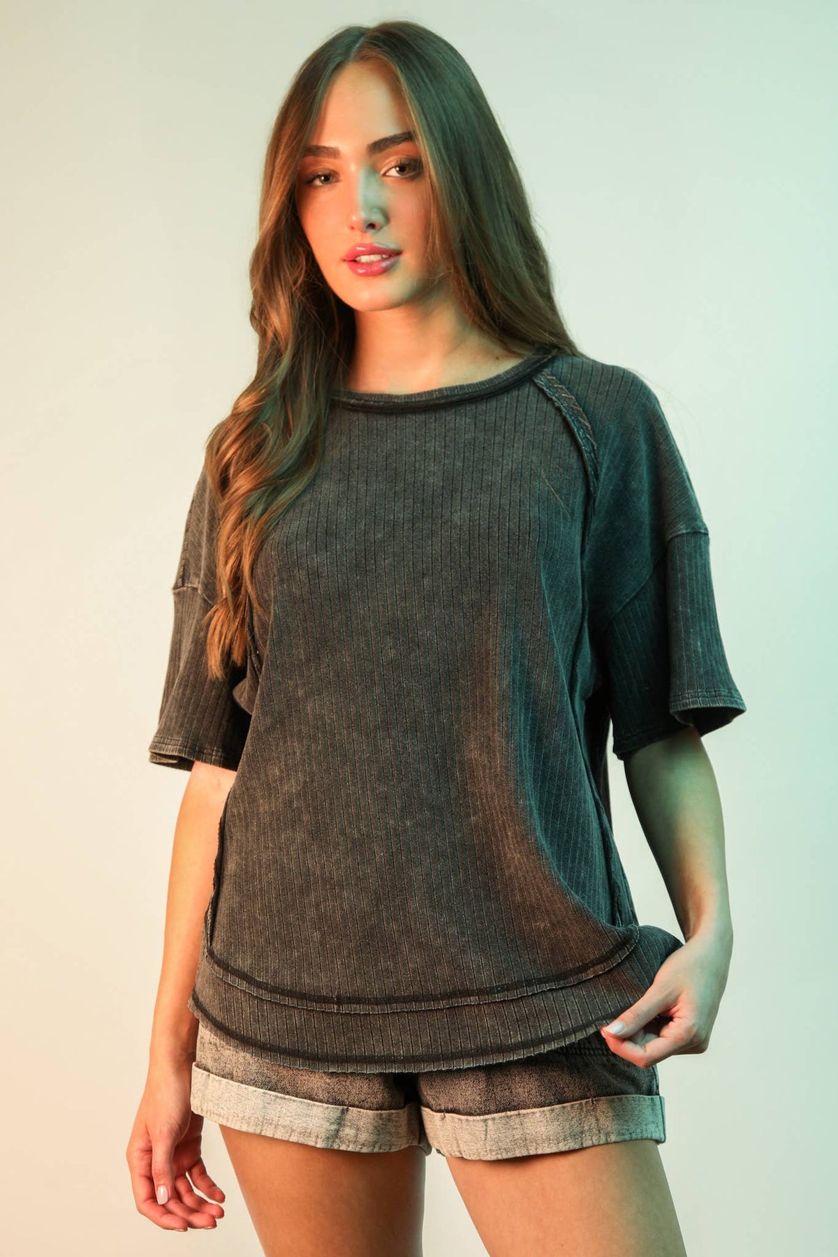 Mineral Washed Oversized Ribbed Knit Casual Top