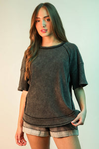 Mineral Washed Oversized Ribbed Knit Casual Top