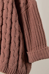 Cuffed Sleeve Braid Chenille Cable Knit Sweater