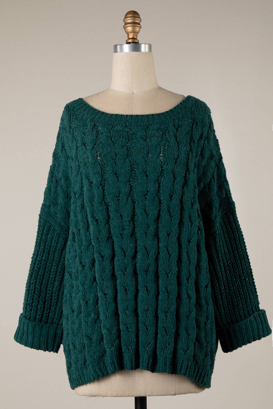 Cuffed Sleeve Braid Chenille Cable Knit Sweater