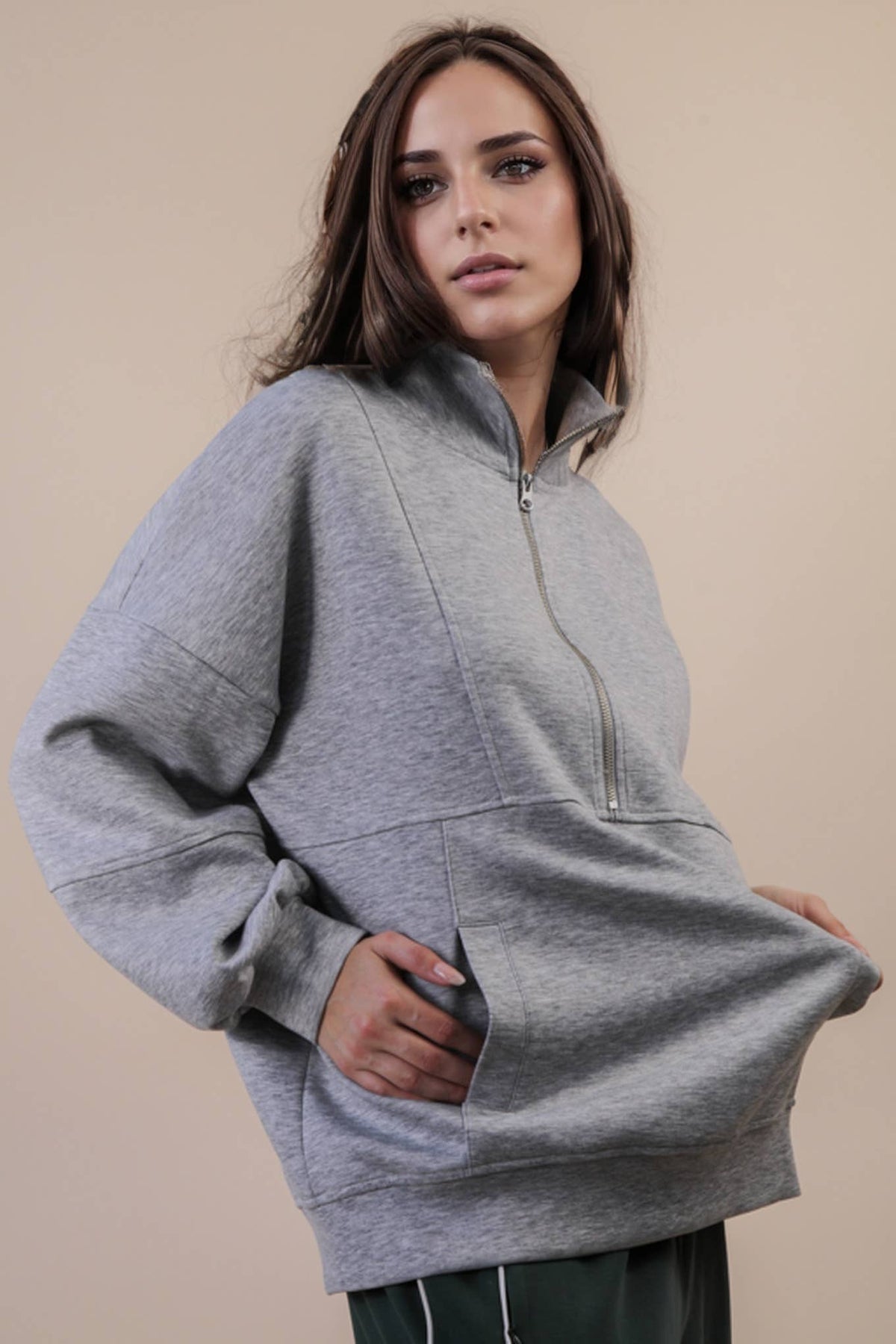 NT12354-Half Zip UP Oversized Casual Comfy Knit Top