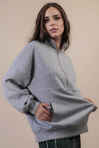 NT12354-Half Zip UP Oversized Casual Comfy Knit Top